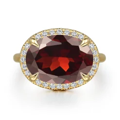 Discount Gabriel & Co. 14K Yellow Gold Diamond and Oval Shape Garnet Ladies Ring With Flower Pattern Gallery