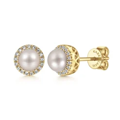 Outlet Gabriel & Co. 14K Yellow Gold Diamond and Pearl Halo Stud Earrings