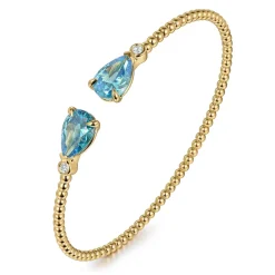 Best Gabriel & Co. 14K Yellow Gold Diamond and Pear Shape Blue Topaz Bujukan Bangle