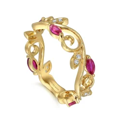 Sale Gabriel & Co. 14K Yellow Gold Diamond and Ruby Filigree Pattern Stackable Ladies Ring