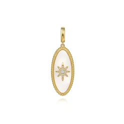 New Gabriel & Co. 14K Yellow Gold Diamond and White Mother of Pearl Bujukan Oval Shape Medallion Pendant With Detachable Bail