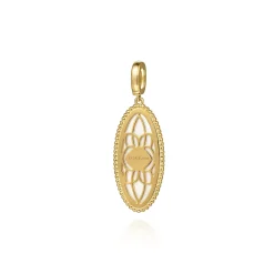 New Gabriel & Co. 14K Yellow Gold Diamond and White Mother of Pearl Bujukan Oval Shape Medallion Pendant With Detachable Bail