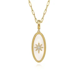 New Gabriel & Co. 14K Yellow Gold Diamond and White Mother of Pearl Bujukan Oval Shape Medallion Pendant With Detachable Bail