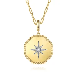 Clearance Gabriel & Co. 14K Yellow Gold Diamond Bujukan Starburst Hexagon Medallion Pendant With Detachable Bail