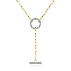 Clearance Gabriel & Co. 14K Yellow Gold Diamond Circle and Bar Y-Knot Necklace with Hollow Paperclip Chain