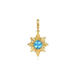Clearance Gabriel & Co. 14K Yellow Gold Diamond Cut Blue Topaz Starbust Medallion Pendant in Size 20mm With Detachable Bail