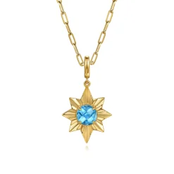 Clearance Gabriel & Co. 14K Yellow Gold Diamond Cut Blue Topaz Starbust Medallion Pendant in Size 20mm With Detachable Bail