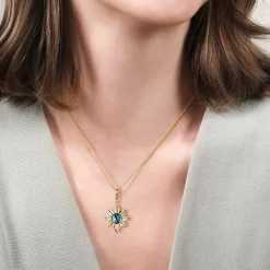 Clearance Gabriel & Co. 14K Yellow Gold Diamond Cut Blue Topaz Starbust Medallion Pendant in Size 20mm With Detachable Bail