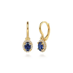 Online Gabriel & Co. 14K Yellow Gold Diamond Halo and Oval Blue Sapphire Leverback Earrings