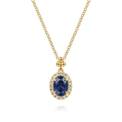 Hot Gabriel & Co. 14K Yellow Gold Diamond Halo and Oval Blue Sapphire Pendant Necklace