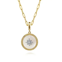 Online Gabriel & Co. 14K Yellow Gold Diamond Mother of Pearl Medallion Pendant in size 18mm With Detachable Bail