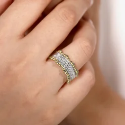 Clearance Gabriel & Co. 14K Yellow Gold Diamond Pave Center Ring with Bujukan Bead Border