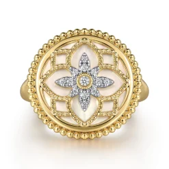 Outlet Gabriel & Co. 14K Yellow Gold Diamonds and White Mother of Pearl Bujukan Signet Ring