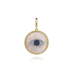 Best Gabriel & Co. 14K Yellow Gold Diamond Sapphire and White Mother of Pearl Evil Eye Medallion Pendant With Detachable Bail