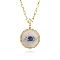 Best Gabriel & Co. 14K Yellow Gold Diamond Sapphire and White Mother of Pearl Evil Eye Medallion Pendant With Detachable Bail