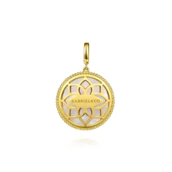 Best Gabriel & Co. 14K Yellow Gold Diamond Sapphire and White Mother of Pearl Evil Eye Medallion Pendant With Detachable Bail