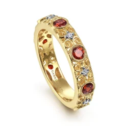 New Gabriel & Co. 14K Yellow Gold Filligree Garnet and Diamond Stackable Ring