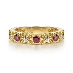 New Gabriel & Co. 14K Yellow Gold Filligree Garnet and Diamond Stackable Ring