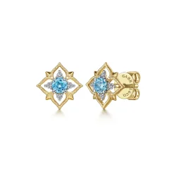 Clearance Gabriel & Co. 14K Yellow Gold Floral Swiss Blue Topaz and Diamond Stud Earrings