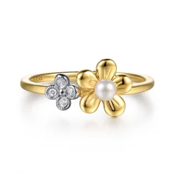 Online Gabriel & Co. 14K Yellow Gold Flower Diamond and Pearl Stackable Ring