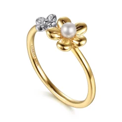 Online Gabriel & Co. 14K Yellow Gold Flower Diamond and Pearl Stackable Ring