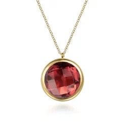 Clearance Gabriel & Co. 14K Yellow Gold Garnet Round Shape Necklace With Flower Pattern J-Back