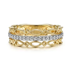 Outlet Gabriel & Co. 14K Yellow Gold Geometric and Diamond Three Row Stackable Ring