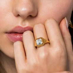Discount Gabriel & Co. 14K Yellow Gold Geometric Baguette Diamond Signet Ring