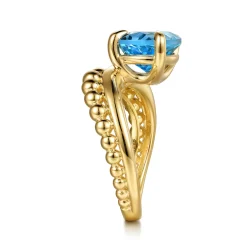 Outlet Gabriel & Co. 14K Yellow Gold Graduating Bujukan Pear Blue Topaz Curved Ring