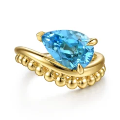 Outlet Gabriel & Co. 14K Yellow Gold Graduating Bujukan Pear Blue Topaz Curved Ring