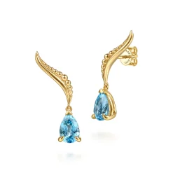 New Gabriel & Co. 14K Yellow Gold Graduating Bujukan Pear Blue Topaz Stud Earrings