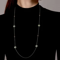 Sale Gabriel & Co. 14K Yellow Gold Green Amethyst Round Shape Necklace With Four Stations Beads and Bezel Setting