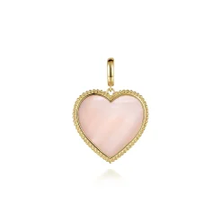 Best Gabriel & Co. 14K Yellow Gold Heart Pink Mother of Pearl Bujukan Medallion Pendant With Detachable Bail