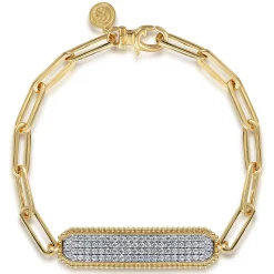 Sale Gabriel & Co. 14K Yellow Gold Hollow Paperclip Chain Diamond Pave ID Bracelet