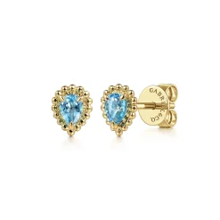 New Gabriel & Co. 14K Yellow Gold London Blue Topaz Bujukan Pear Shape Stud Earrings