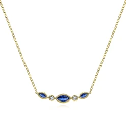 Sale Gabriel & Co. 14K Yellow Gold Marquise Shape Sapphire and Bezel Set Diamond Bar Necklace