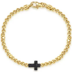 Sale Gabriel & Co. 14K Yellow Gold 4mm Beaded Mens Bracelet with Black Spinel Cross