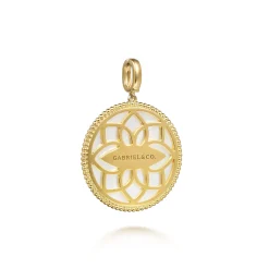 Discount Gabriel & Co. 14K Yellow Gold 32mm Bujukan Diamond Mother of Pearl Medallion Pendant With Detachable Bail