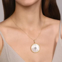 Discount Gabriel & Co. 14K Yellow Gold 32mm Bujukan Diamond Mother of Pearl Medallion Pendant With Detachable Bail