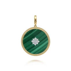 New Gabriel & Co. 14K Yellow Gold 32mm Bujukan Diamond Malachite Medallion Pendant With Detachable Bail