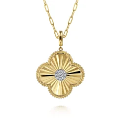 Discount Gabriel & Co. 14K Yellow Gold 32mm Bujukan Diamond Cut Diamond Clover Medallion Pendant With Detachable Bail