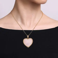 Best Gabriel & Co. 14K Yellow Gold 32mm Bujukan Heart Pink Mother of Pearl Pendant With Detachable Bail