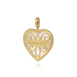 Best Gabriel & Co. 14K Yellow Gold 32mm Bujukan Heart Pink Mother of Pearl Pendant With Detachable Bail