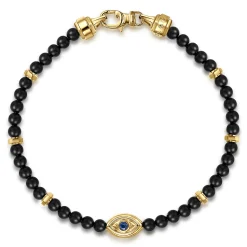 Gabriel & Co. 14K Yellow Gold 4mm Onyx and Sapphire Beaded Bracelet with Evil eye