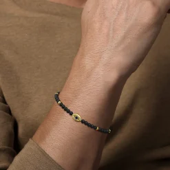 Gabriel & Co. 14K Yellow Gold 4mm Onyx and Sapphire Beaded Bracelet with Evil eye