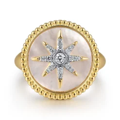 Outlet Gabriel & Co. 14K Yellow Gold Mother of Pearl Inlay and Diamond Starburst Signet Ring