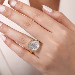 Outlet Gabriel & Co. 14K Yellow Gold Mother of Pearl Inlay and Diamond Starburst Signet Ring