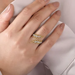 New Gabriel & Co. 14K Yellow Gold Olive Branch Bypass Ring with Diamonds