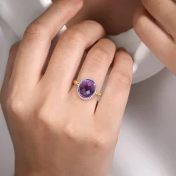 Discount Gabriel & Co. 14K Yellow Gold Oval Amethyst and Diamond Halo Ring