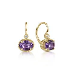Sale Gabriel & Co. 14K Yellow Gold Oval Amethyst and Diamond Leverback Earrings